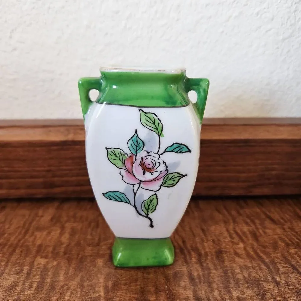 Japanese vase occupied Japan floral green cream home decor vintage miniature